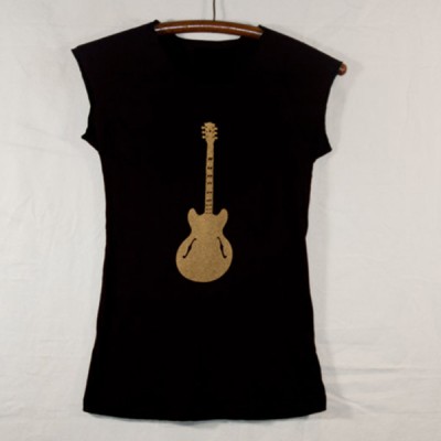 Women’s Black Cap Sleeve T Shirt with Gold Guitar