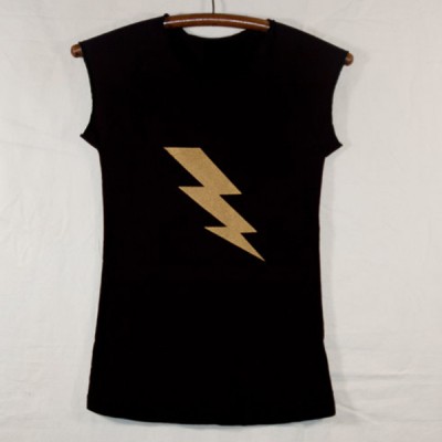 Women’s Black Cap Sleeve T Shirt with Gold Lightning Bolt